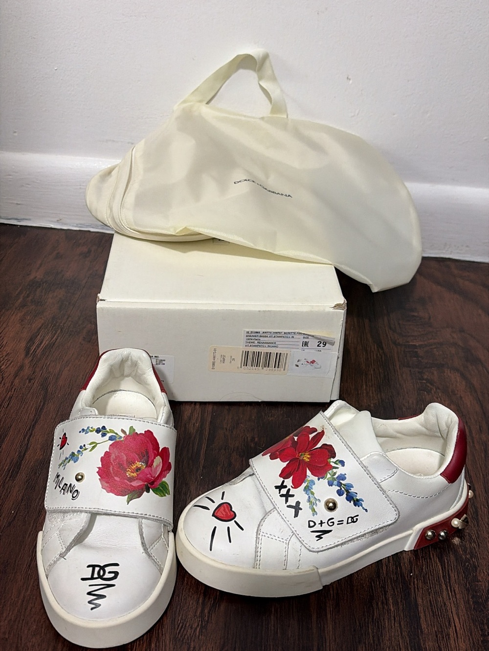 Dolce & Gabbana White Kids Floral Leather Velcro Sneakers with Red Accents